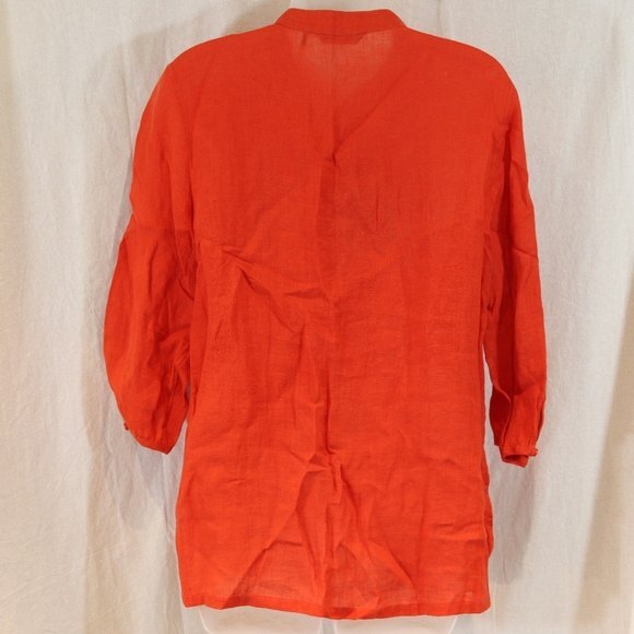 Tommy Bahama Small Orange Linen Blouse  3/4 Sleeve Pleated Button Up Top - Picture 5 of 12